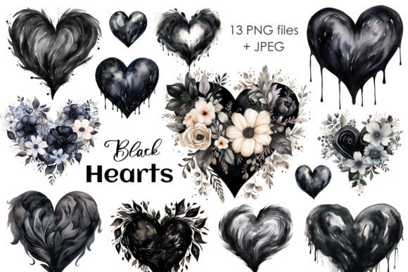 Black Hearts PNG Valentines Clipart for Creative Projects