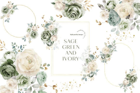 Sage Green Ivory Flowers Clipart for Creative Projects