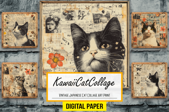Vintage Japanese Cat Collage Art Print