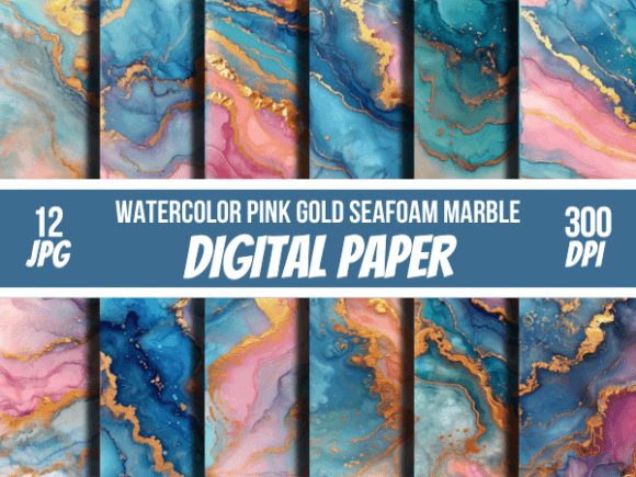 Watercolor Pink Gold Seafoam Alcohol Ink Digital Papers